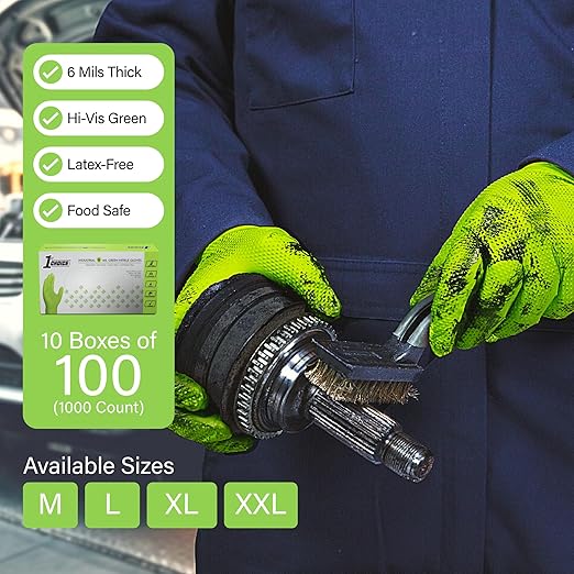 1st Choice 6 mil Green Gloves, Disposable, Latex Free, Raised Diamond Grip, Mechanic Glove for Men, XXL, Case of 1000