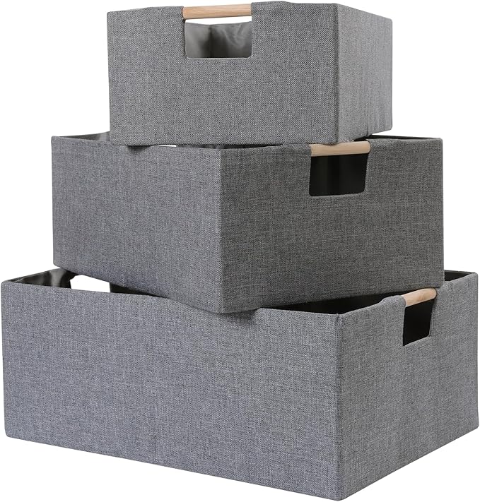ANMINY 6PCS Storage Baskets for Organizing Collapsible Fabric Storage Bins Boxes with Wood Handles Closet Shelves Cube Organizer Bins Clothes Laundry Storage Container - Medium, Gray