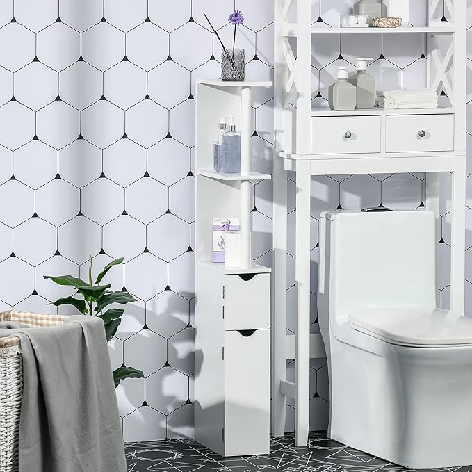 kleankin Tall Bathroom Storage Cabinet, Freestanding Linen Tower with 2 Open Shelves and 2 Door Cabinets, White