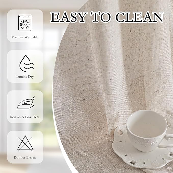 MYSKY HOME Linen Curtains for Living Room 96 Inches Long, Semi Sheer Curtains & Drapes 2 Panels Set Natural Floor to Ceiling Curtain Farmhouse Country Home Decor for Sliding Glass Door, 50" Wide
