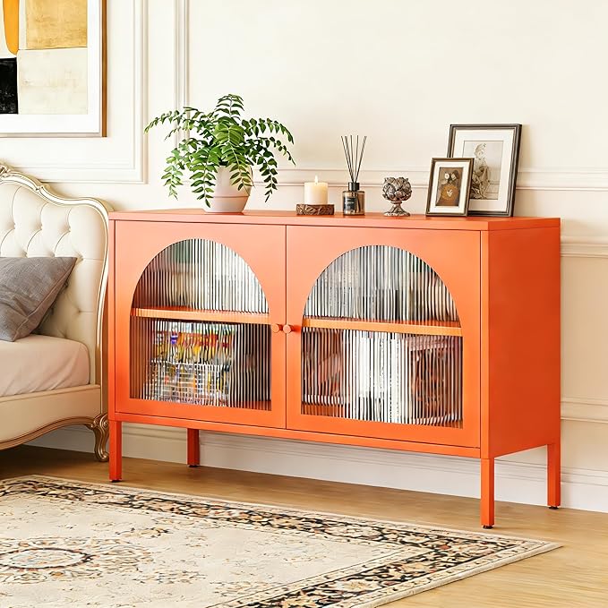 Metal Locker TV Stand, Modern Accent CD Storage Cabinet with 2 Acrylic Doors, Short Display Cabinet with Adjustable Shelf, TV Cabinets for Home,Office,Entryway,Dining/Living Room,Bedroom,Orange