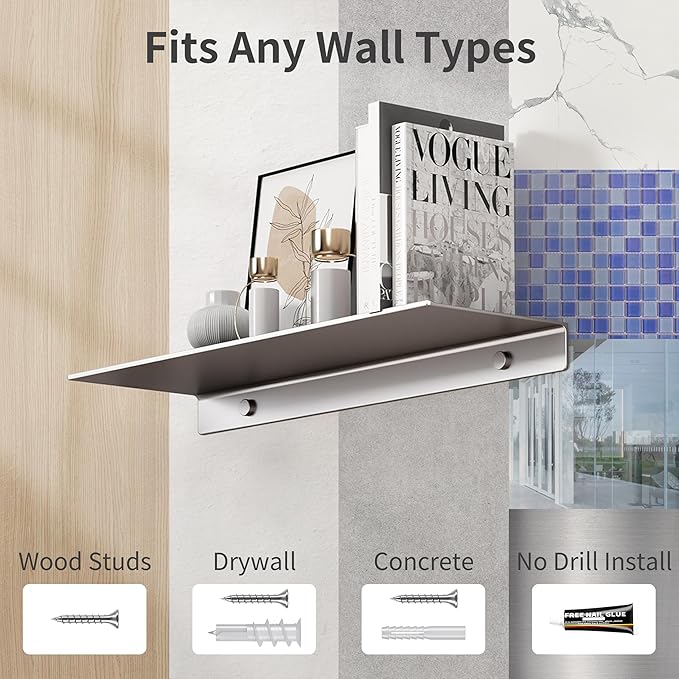 Danpoo Adhesive Floating Shelves for Wall Storage, Metal Wall Shelves for Living Room, Bathroom, Kitchen, 16” Display Shelves for Collectibles(Grey, 2 PCS)