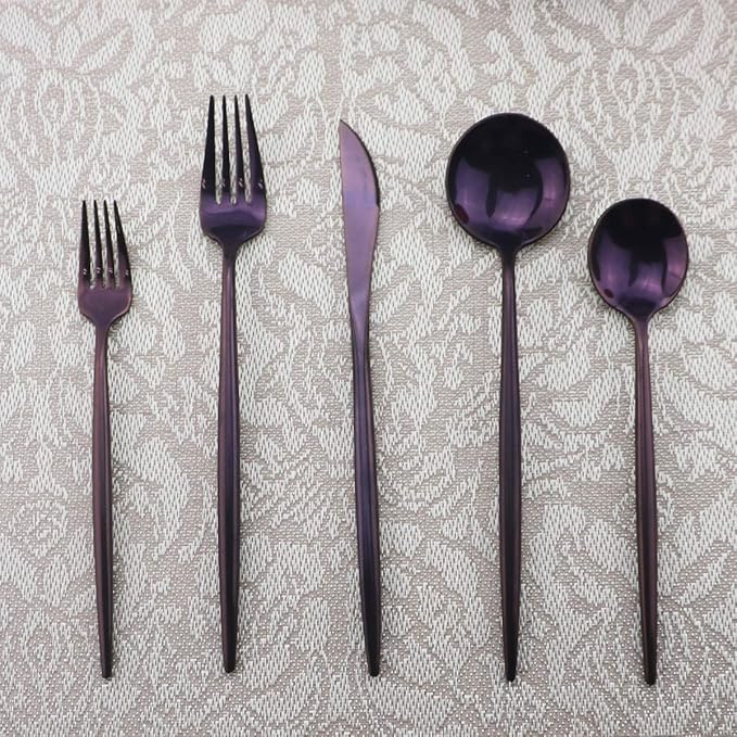 Gugrida Portable Silverware Set - 5-Piece Flatware Cutlery Set - 18/10 Stainless Steel - Mirror Polishing Purple - Travel Elegant Modern Utensils - Service for 1 Include Steak Knife Dinner Fork Spoon