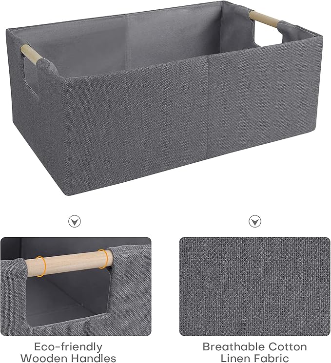 ANMINY 4PCS Storage Baskets for Organizing Collapsible Fabric Storage Bins Boxes with Wood Handles Closet Shelves Cube Organizer Bins Clothes Laundry Storage Container - Small, Gray
