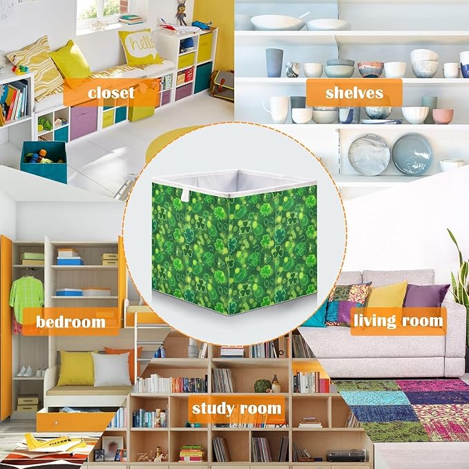 Bolaz Green Clover St Patricks Day Closet Organizers Storage Cubes Storage Bins Shelf Baskets Containers for Home Room Office,Rectangle