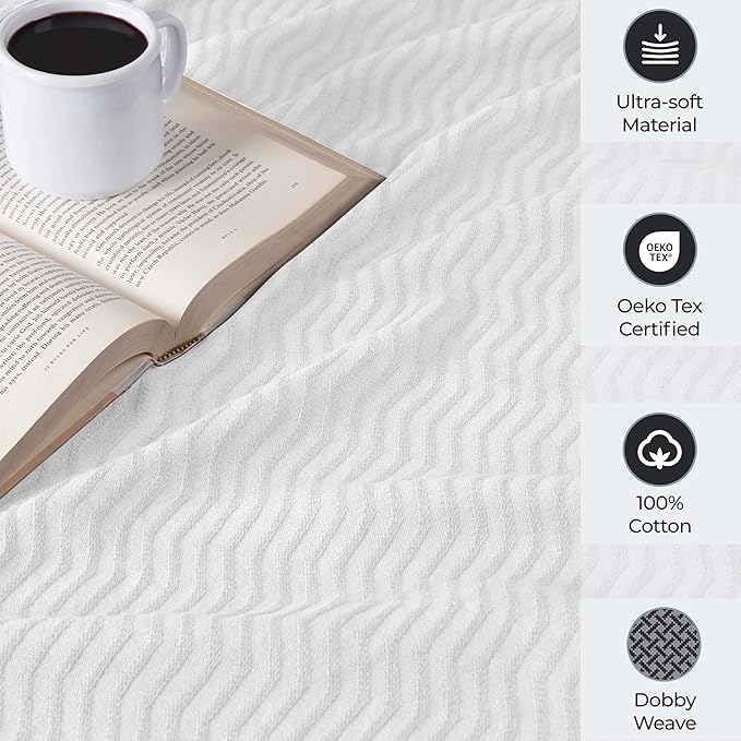 Superior JENA Cotton Blanket, for Picnic, Beach, Traveling or Camping, Bedroom Decor, Essentials, Cover for Bed, Couch, Lounging, Textured Jacquard, Modern Chevron Woven Blanket, Twin, White