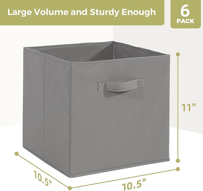 Storage Cubes, 11 Inch Cube Storage Bins, Set of 6, Fabric Foldable Storage Bins With Handles, Closet Storage Organizer Bins, Cubby Clothing Storage Baskets for Shelves, Gray