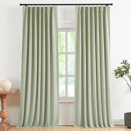 Vision Home Soft Green Pinch Pleated Full Blackout Curtains Linen Blended Room Darkening Curtain Panels 112 inch for Living Room Bedroom Thermal Insulated Pinch Pleat Drapes with Hooks 40" Wx112 Lx2