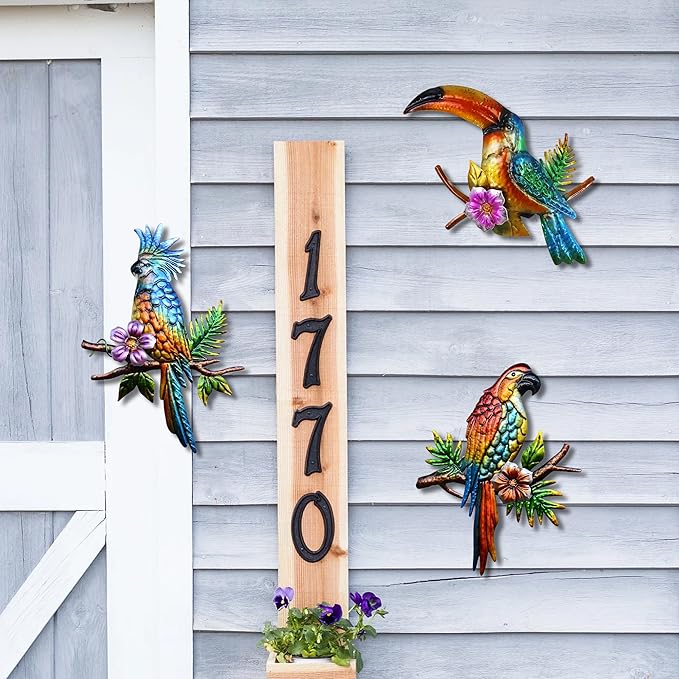 Voumsil 3 PCS Metal Birds Wall Decor Parrot Toucans Tropical Wall Art Outdoor Wall Sculpture for Patio Balcony Garden Fence Wall Decor for Bedroom Living Room Indoor Wall Hanging