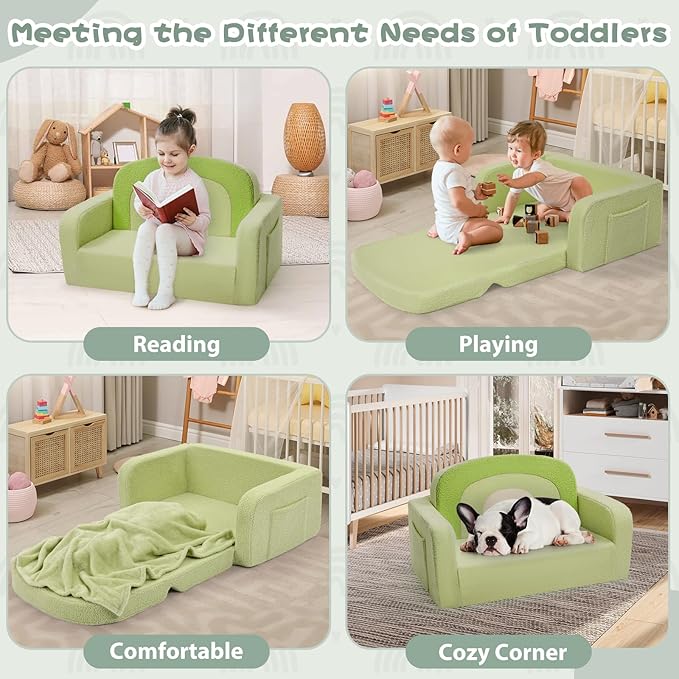 Extra Wide Kids Couch, 2-in-1 Soft Toddler Couch with Blanket, Comfy Toddler Chair, Convertible Sofa with Cute Rainbow Design, Green