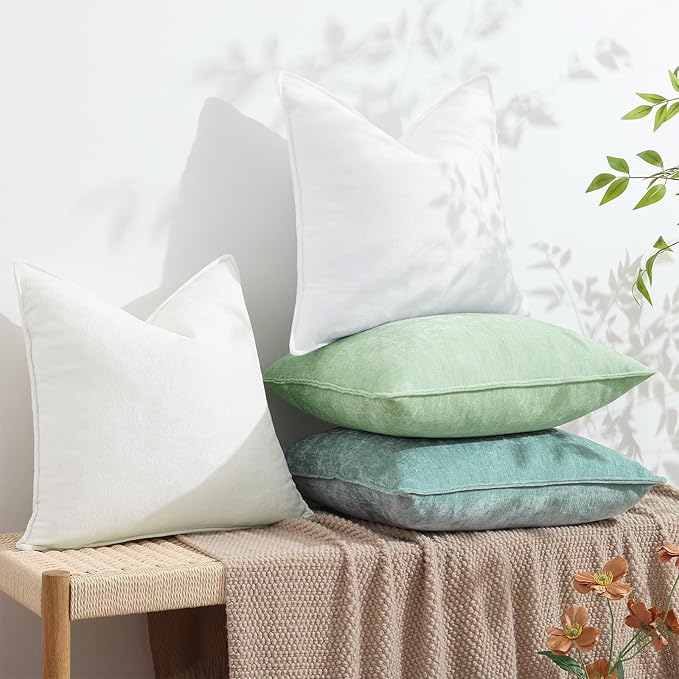 decorUhome Spring Couch Euro Sham Throw Pillow Covers 24x24 Set of 2, Decorative Soft Velvet Modern Cozy Chenille Pillow Cases with Elegant Design for Sofa Bed Living Room Home Decor, Cream White