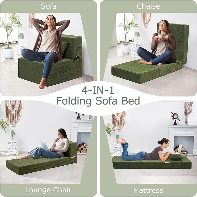 Folding Sofa Bed, 4 in 1 Convertible Sleeper Chair with Pillow, Single Memory Foam Fold Out Chair Bed, Modern Floor Futon Sofa Couch Mattress for Living Room/Guest/Apartment, Green | Convertible, Compressed sofa, Large storage bag