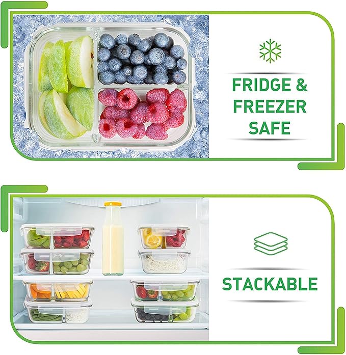 PrepNaturals 5 Pack 34 Oz Glass Meal Prep Containers - Dishwasher Microwave Freezer Oven Safe - Glass Storage Containers with Lids (Multi-Compartment)