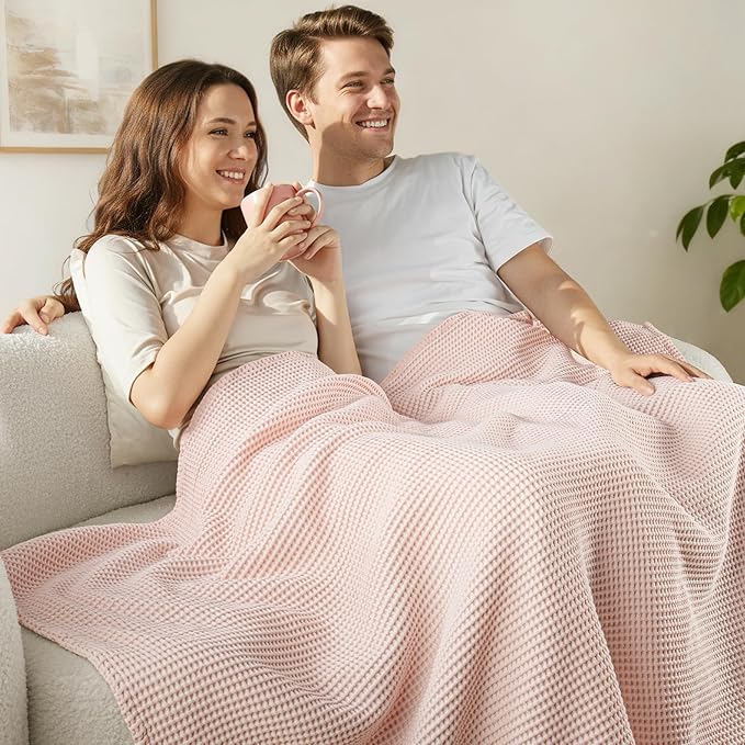 Exclusivo Mezcla 100% Cotton Waffle Weave Blanket Twin Size, Soft, Lightweight and Breathable Muslin Gauze Blanket for Dorm, Home Decor, All Season, 60"x80", Pink