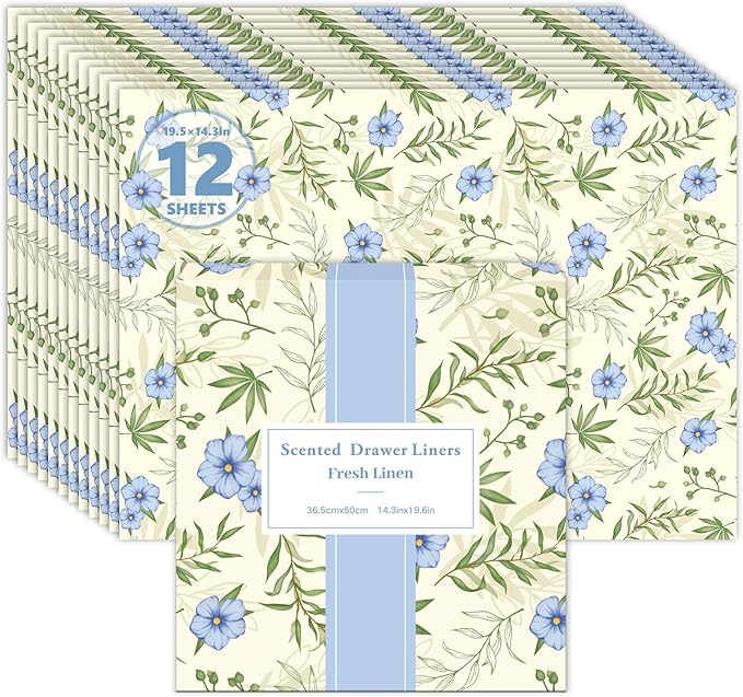 SCENTORINI Scented Drawer Liners for Dresser, 12 Sheets Linen Scent Drawer Paper Liners,14.3x19.5 Inch Scented Paper Sheets for Home Shelf Closet Bedroom Drawers