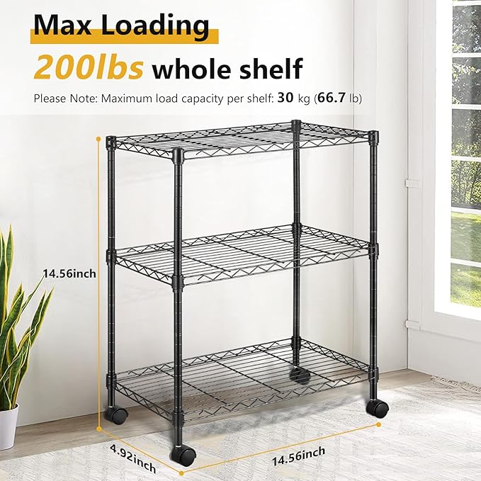 3-Tier Storage Shelves Steel Plant Stand Household Sturdy, Mesh Metal Storage Rack Unit with 360°Removable Wheels for Kitchen/Living Room/Bathroom/Laundry Room/Pantry/Garage/(Max Load Capacity 200 lb)