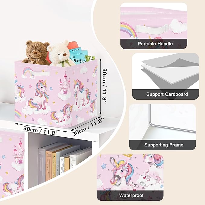 Clastyle 3 pcs Unicorn Cube Storage Unit Bin with Metal Frame Rainbow Kallax Box for Shelves Parents Closet Organizer Basket for Book Clothes Toy Organizer, Crown, 11.8x11.8x11.8 in