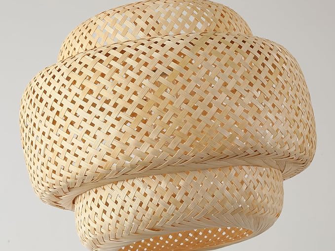 Bamboo Large Plug in Pendant Light with 14ft Handmade Woven Light Cord, Dimmable Switch, Boho Basket Handmade Woven Hanging Lamp for Kitchen Island Farmhouse Dining Room Living Room,16 inch Width