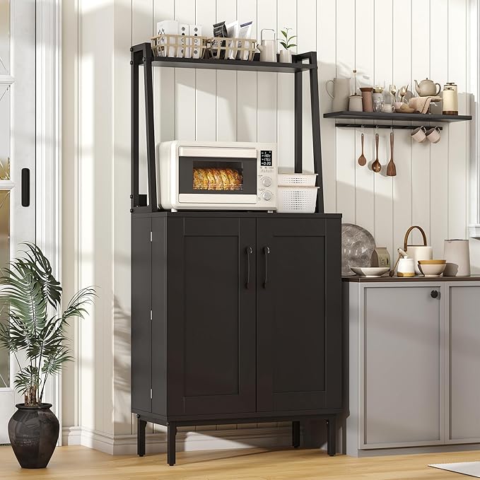 51” Pantry Cabinets with Microwave Shelves, Small Kitchen Pantry Storage Cabinet with Adjustable Shelves, Freestanding Buffet Cupboards Sideboard for Kitchen, Dining Room, Living Room Use (Black)