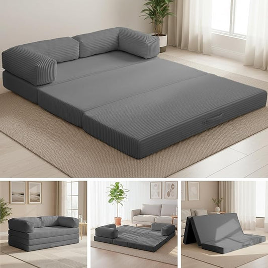 Convertible Sofa Bed King,5-in-1 Folding Boneless Couch Corduroy Futon Sofa Bed,Tri-Fold Mattress with Removable Armrests & Handle,Sleeper with Pull Out Bed for Small Space Living Room Bedroom