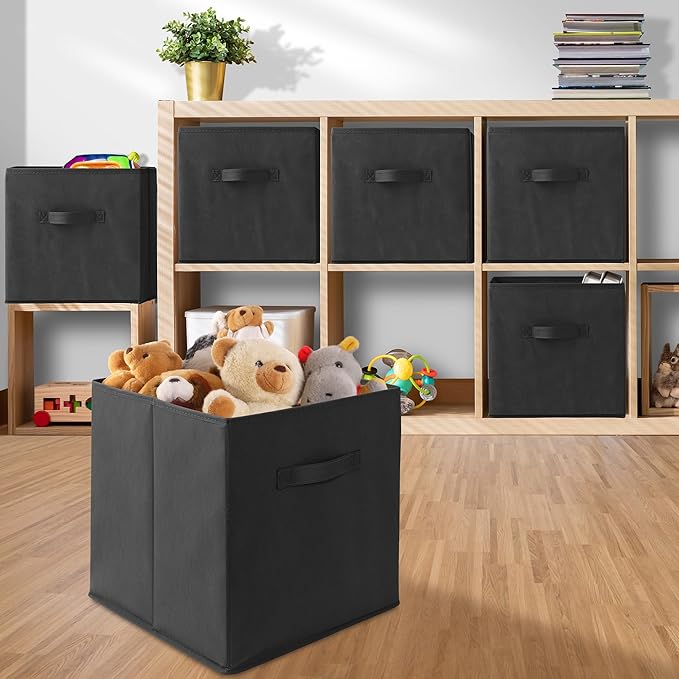Casafield Set of 6 Collapsible Fabric Cube Storage Bins, Black - 13" Foldable Cloth Baskets for Shelves, Cubby Organizers & More
