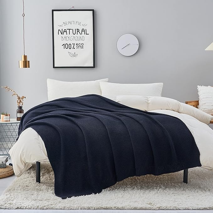 Longhui bedding Dark Navy Blue Cotton Cable Knit Throw Blanket for Couch Sofa Bed, Lightweight Home Decorative Throws, Bonus Laundering Bag, 50“ x 60” Machine Washable