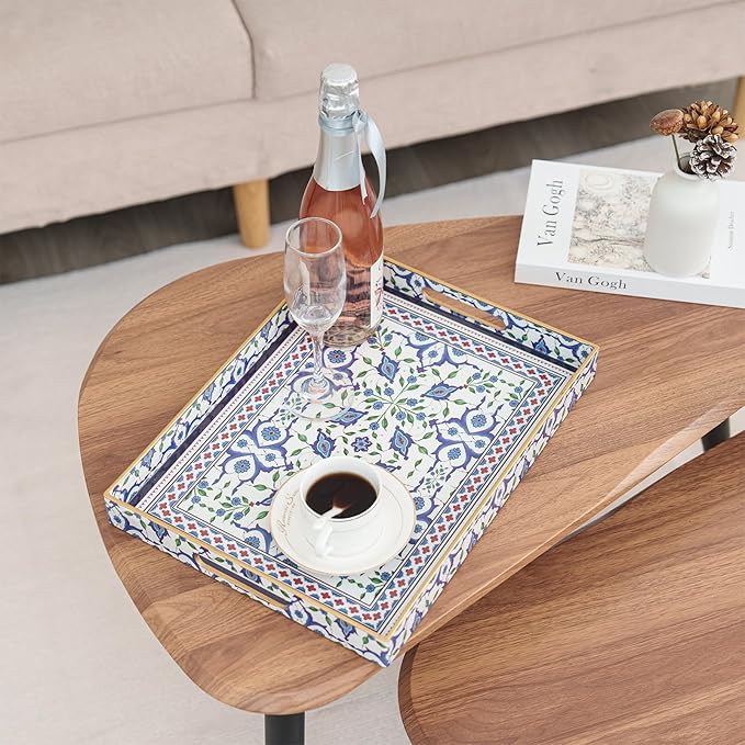 Serving Tray, Boho Plastic Food Trays for Eating on Lap Decorative Coffee Tray with Handles Rectangular Non-Slip Candle Plate, 15.7"x11.8"x1.6" Large Drinks Platter for Kitchen/Living Room/Bedroom