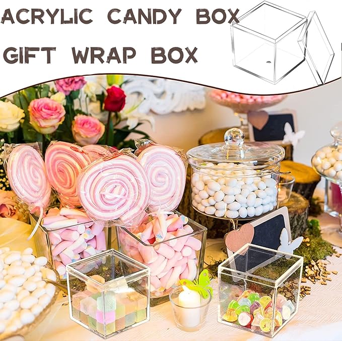 KissYou Acrylic Box with Lid 2 Pieces Small Clear Square Cube Small Mini Storage Box Plastic Containers Weddings, Party Gift Candy Boxes