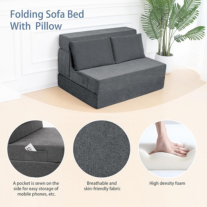 Folding Sofa Bed Chair with Pillow,Convertible Fold Out Chair Bed Sleeper,Foam Floor Mattress, Foldable Futon Couch Bed for Living Room/Dorm/Guest/Office (Grey, Twin)