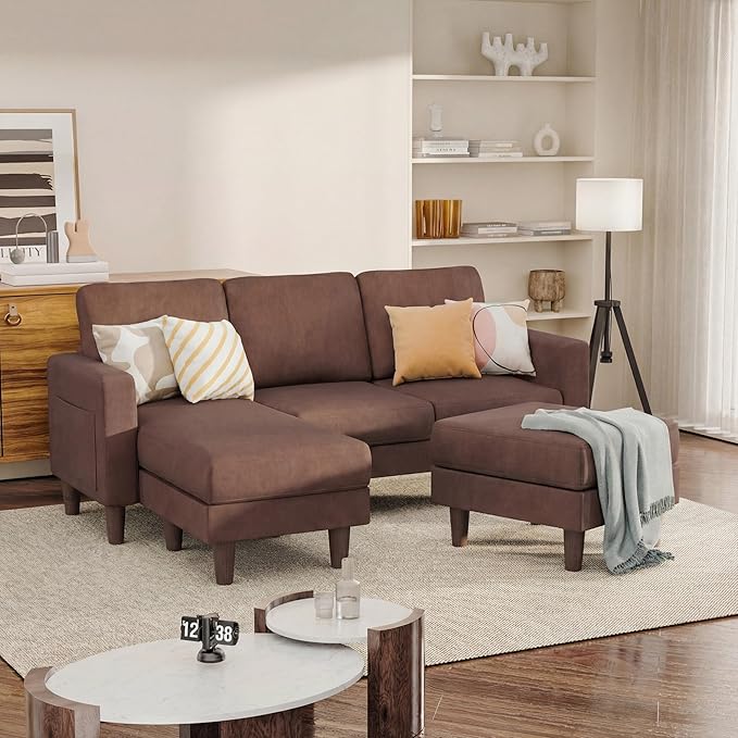 JUMMICO L Shape Sectional Sofa Couch, 3 Seat Convertible Sofa with Movable Ottoman and Side Storage Pockage, Modern Sofa Small Couches for Living Room & Apartment and Small Space (Linen, Brown)