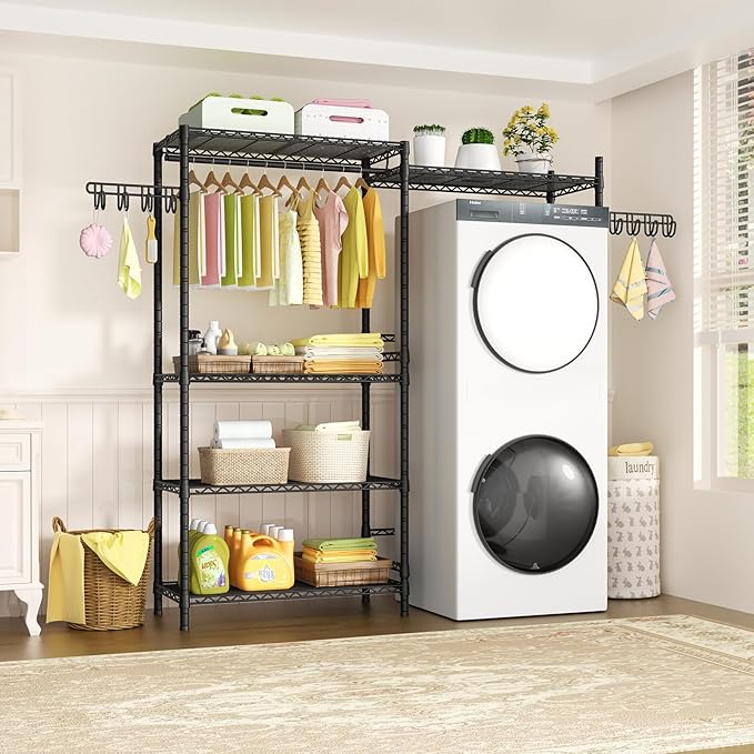 Ulif 65.3" W x 13.4" D x 77.5" H Clothes Drying Rack, 5 Tiers Over Washer and Dryer Laundry Room Storage and Organizer, Heavy-Duty Space Saver, Black