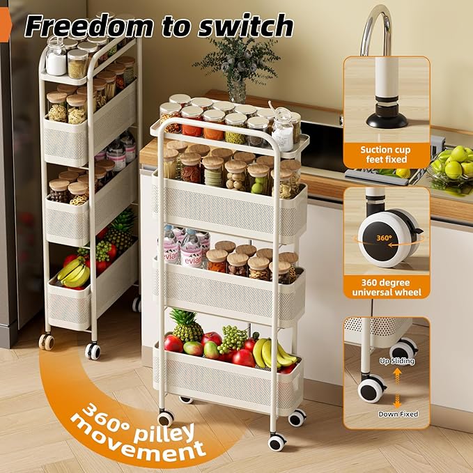 Slim Storage Cart 4 Tier with Pull Out Metal Basket Bathroom Organizer Rolling cart, Installation-Free Rolling Utility Cart Slide Out Organizer for Kitchen, Bathroom, Laundry (White, 4 Tier)