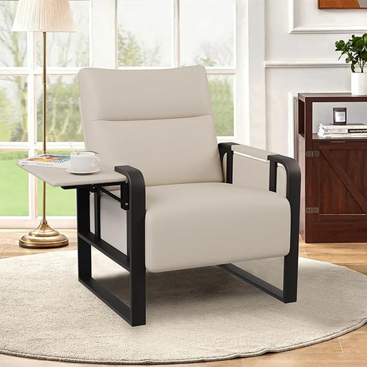 Modern Accent Chair PU Leather Upholstered Armchair with Tray Table for Bedroom Living Room Chairs Office Chair Beige