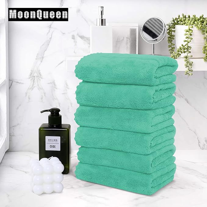 6 Pack Premium Hand Towels - Quick Drying - Microfiber Coral Velvet Highly Absorbent Towels - Multipurpose Use as Hotel, Bathroom, Shower, Spa, Hand Towel 16 x 28 inches (Aqua Green)