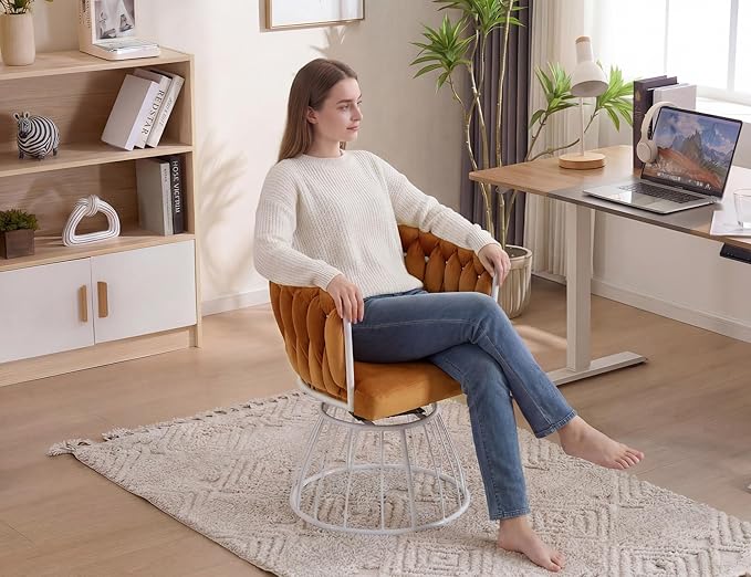Premium Orange Velour Swivel Chair - Handwoven Tufted Design | Designer Accent Seating
