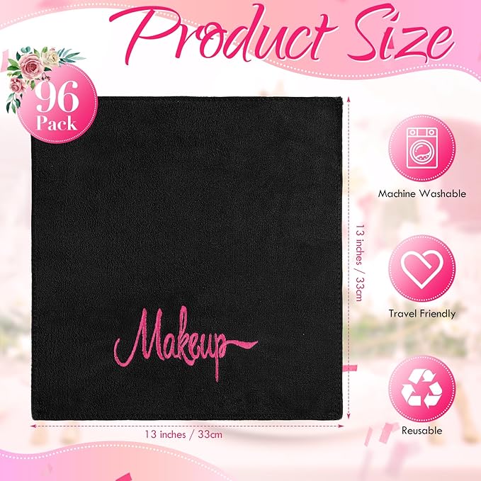 96 Pack Makeup Remover Cloths, 13 x 13 Inch Makeup Towels Bulk Soft Microfiber Face Towels Reusable Makeup Washcloths with Makeup Embroidery for Women Skin (Black)