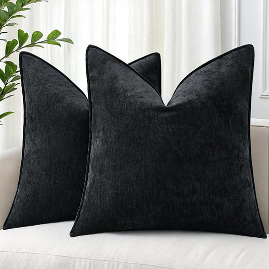 decorUhome Spring Couch Throw Pillow Covers 16x16 Set of 2, Decorative Soft Velvet Modern Cozy Chenille Pillow Cases with Elegant Design for Sofa Bed Living Room Home Decor, Black