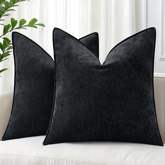 decorUhome Spring Couch Euro Sham Throw Pillow Covers 22x22 Set of 2, Decorative Soft Velvet Modern Cozy Chenille Pillow Cases with Elegant Design for Sofa Bed Living Room Home Decor, Black
