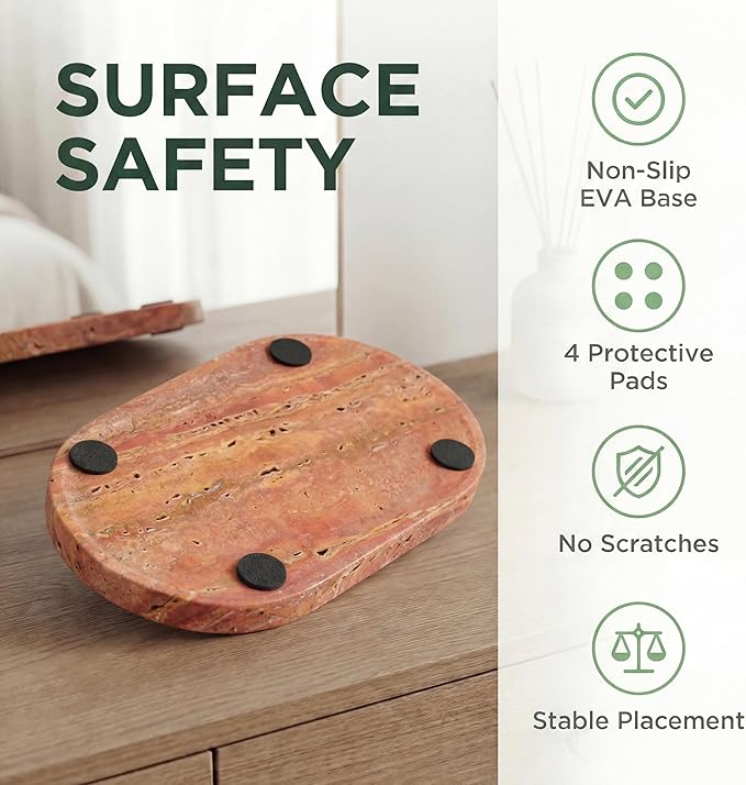 YKAJO Natural Red Limestone Vanity Tray - 100% Authentic Stone Decorative Catchall for Bathroom Counter, Perfume Organizer, Jewelry & Entryway Key Dish - Modern Home Decor, 11.6" x 5.9"