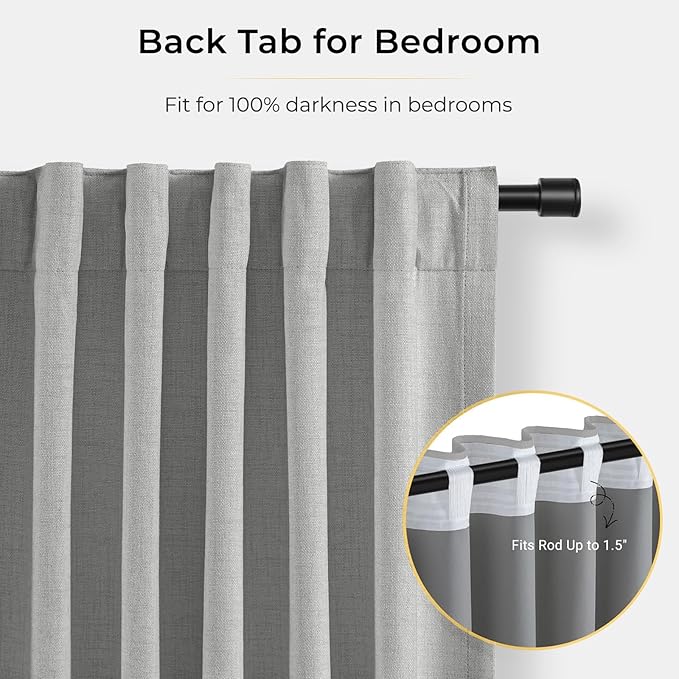 INOVADAY 100% Blackout Curtains for Bedroom, Black Out Curtains 90 Inch Long, Clip Rings Linen Blackout Drapes, Thermal Insulated Room Darkening for Living Room, 2 Panels - Dove Grey,W50xL90