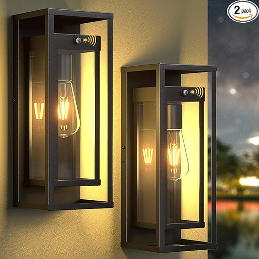 Dusk to Dawn Outdoor Wall Light 2Pack-15in Waterproof Large Porch Sconce Wall Mounted Modern Exterior Lighting Fixture E26 Black Lantern for Outside House Garage Entryway