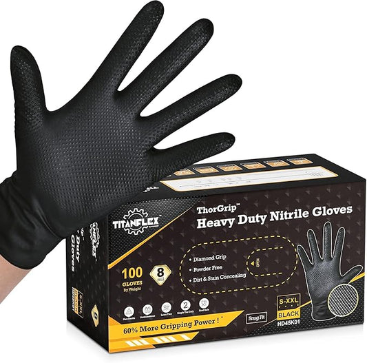 TitanFlex Heavy Duty Black Industrial Nitrile Gloves with Raised Diamond Texture, Latex Free (6mil/8mil)