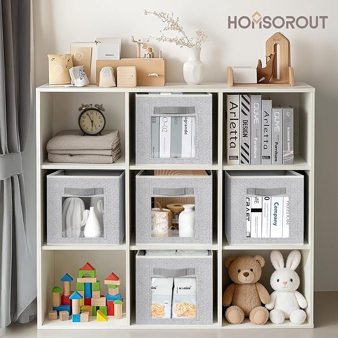 Foldable Storage Cubes - Cubby Storage Organizer with Window, Decorative Fabric Bins for Clothes Storage, Closet Organizers for Shelves, 11inch, Set of 8, Light Grey