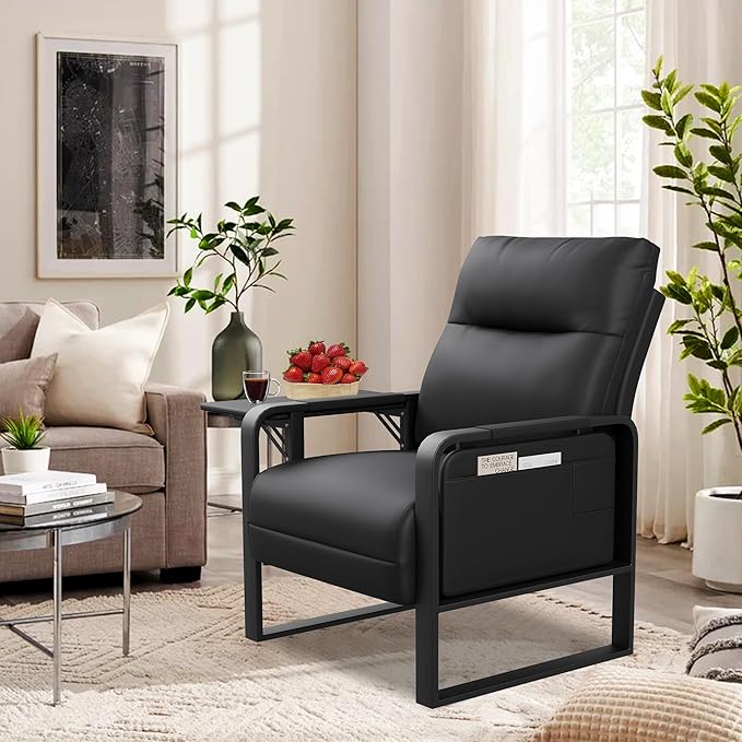 Black PU Leather Accent Chairs Set of 2 with Side Table Modern Upholstered Armchair Leisure Chairs for Living Room Bedroom Office Club Chair