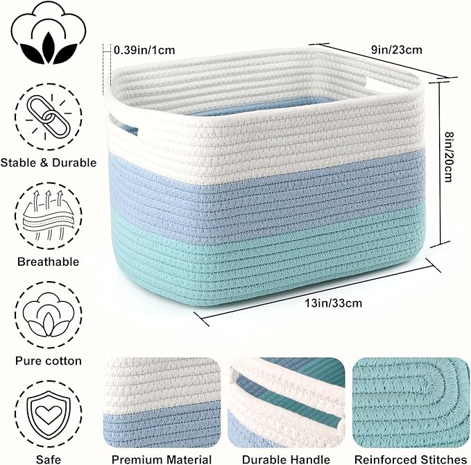 4 Pack Storage Baskets for Organizing, 12''Lx10''Wx8''H Woven Baskets for Storage Toys, Towels, Books, and Clothes, Cotton Rope Basket for Shelves with Handle (White & Blue)