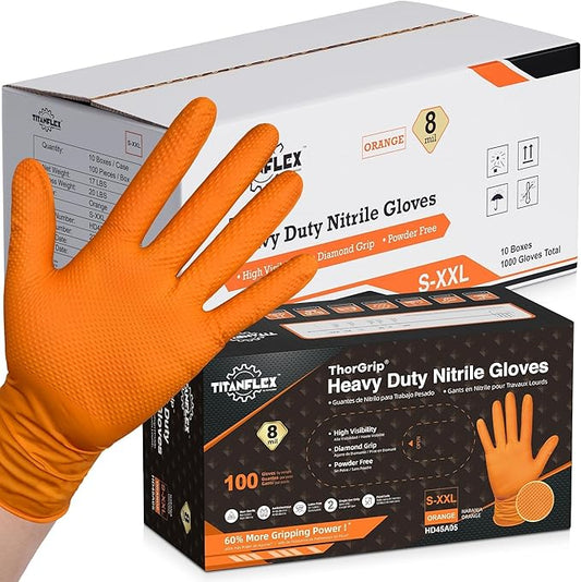 TitanFlex Heavy Duty Orange Industrial Nitrile Gloves with Raised Diamond Texture, Latex Free (6mil/8mil)