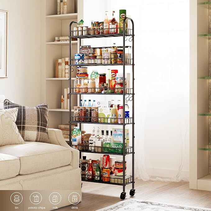 6-Tier Slim Storage Cart, Rolling Kitchen Cart with Wheels, Narrow Metal Shelf Organizer with Hooks for Kitchen, Bathroom, Living Room, Laundry, Small Spaces (Black, 6 in)