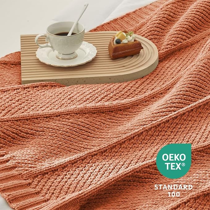 Chenille Knit Throw Blanket 50x60 - Burnt Orange Cozy Blanket for Couch & Sofa