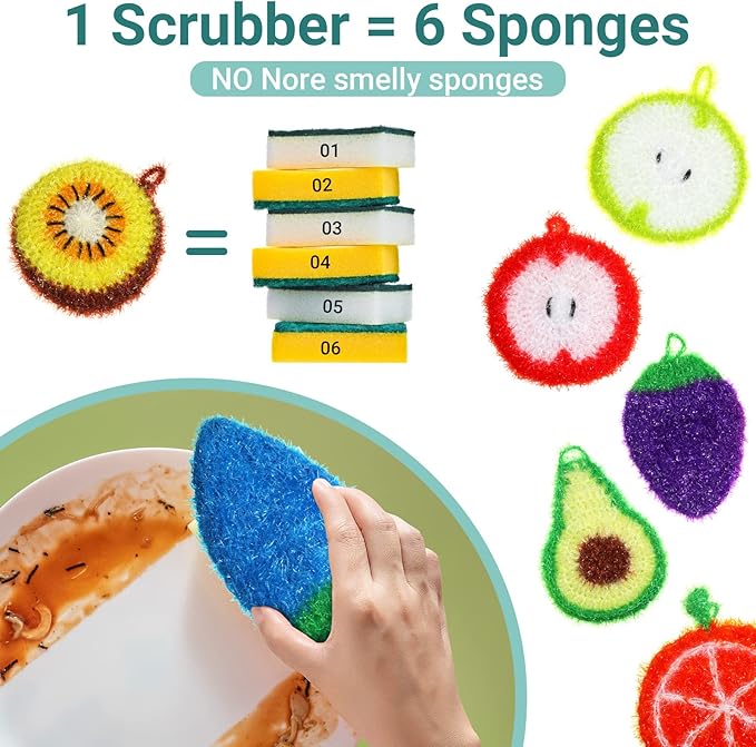 16 Pcs Dish Scrubber Non Scratch Dish Washing Scrubbers Reusable Household Cleaning Kitchen Tools for Dishwashing Washing Dishes Cookware Tubs Sinks(Fruit)