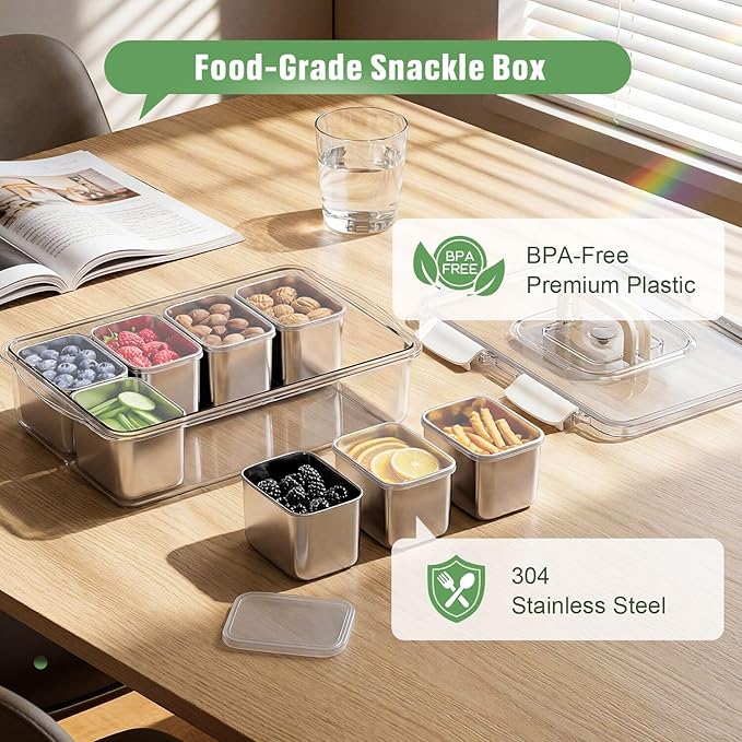 Snackle Box Container, 304 Stainless Steel Divided Serving Tray with Lid and Handle, Portable 8 Compartments Veggie Tray for Fruits,Veggies,Nuts &Candy, Dishwasher Safe for Travel,Picnic,Beach&Parties